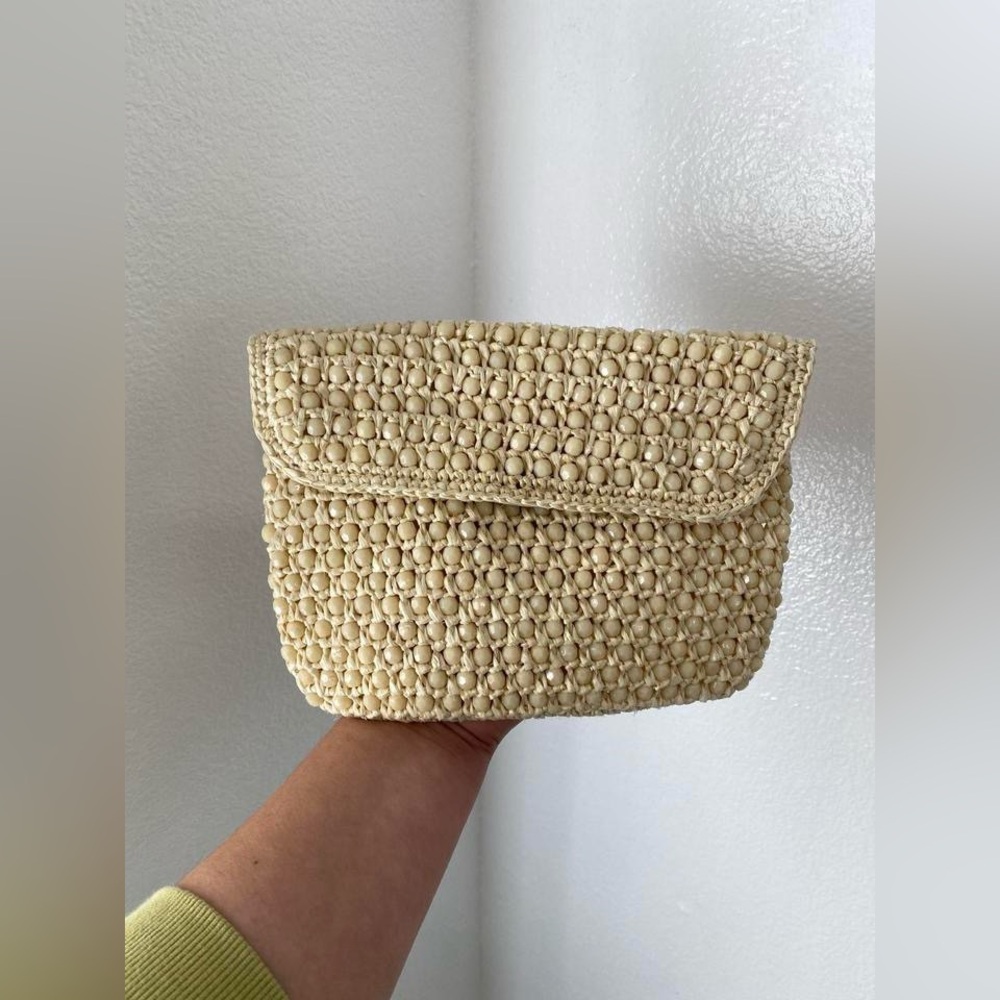 Cream Woven Clutch with Flap Closure